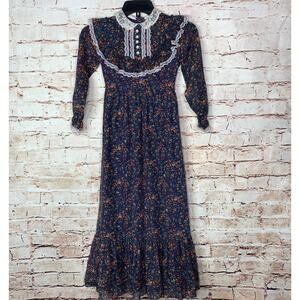 70s Girls Vintage Prairie Dress Genway Floral Print Lace Collar Cottagecore